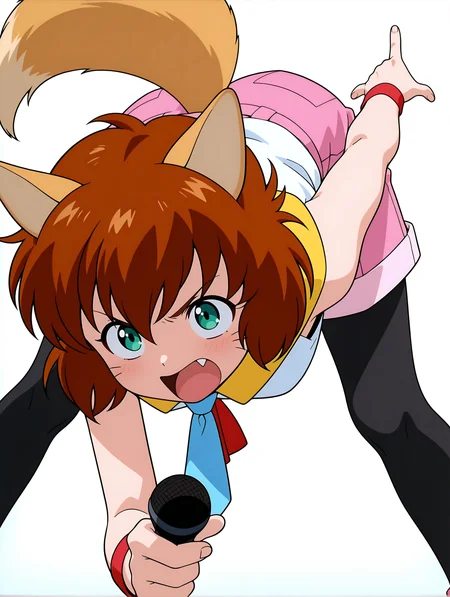 masterpiece,best quality,amazing quality,
1girl,solo,
anime screencap,<lora:koto_ilxl_v1.0:1>,koto,brown hair,green eyes,whiskers,fang out,
k_clothes,yellow collar,red ribbon choker,white sleeveless shirt,blue necktie,pink shorts,fox tail,black_pantyhose,k_m,holding microphone,
<lora:Fixhands_anime_bdsqlsz_V1:1>,standing,bent_over,white_background,simple_background,shouting,front view,upper_body,looking_at_viewer,finger gun,