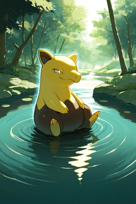 masterpiece, best quality, <lora:DrowzeePokedexIXL:1.0>, drowsee (pokemon), no humans, solo, meditating near a pond, serene expression, glowing psychic waves, soft moonlight, peaceful and calming atmosphere, vibrant and detailed scene