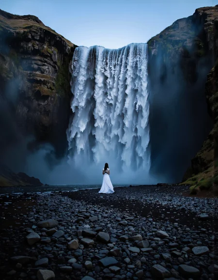 A photo-realistic shoot from the front about a lone figure standing in front of a dramatic waterfall in a dark, rocky landscape. the image also shows a serene and atmospheric atmosphere. on the middle of the image, a woman, who appears to be in her mid-twenties, is standing with her back to the viewer, facing away from the camera. she is wearing a long, flowing white dress that catches the light, and her hair is styled in a long hair style. her body is slim and her expression is unknown. her face is not visible, but her hands are clasped together in a prayer-like gesture. the woman is standing on a rocky terrain, with a large waterfall cascading down in the background, creating a dramatic and ethereal atmosphere. the waterfall is illuminated by a soft, blue light, casting a gentle glow on the surrounding rocks and creating a sense of depth and dimension. <lora:Landscapes_II_epoch_8:0.9>