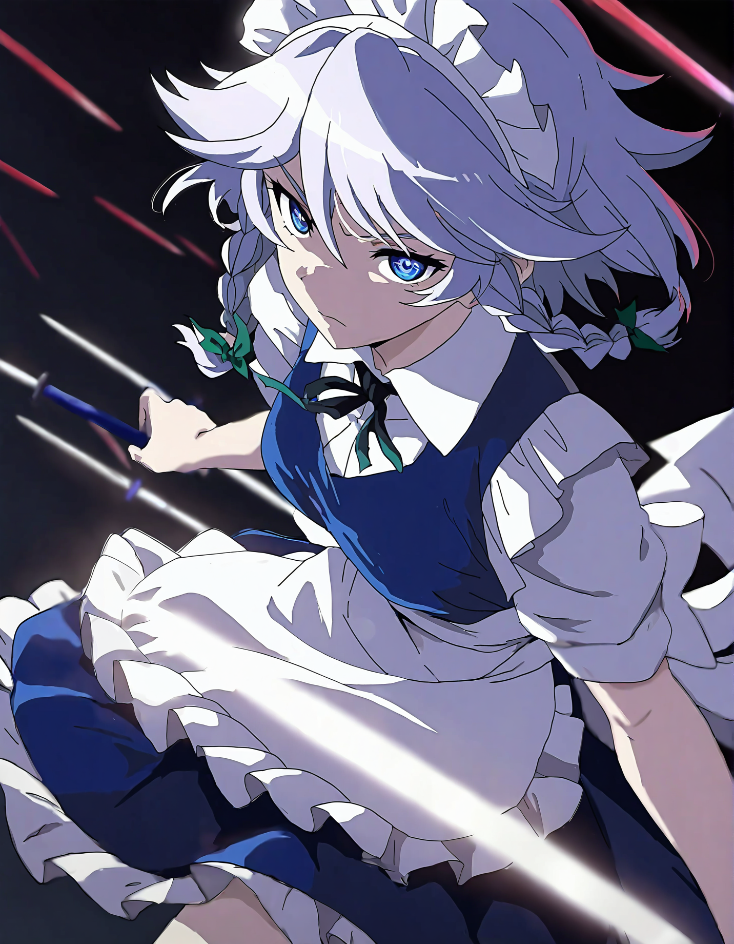 memoriesofphantasm, 1girl, solo, izayoi sakuya,
very awa, masterpiece, best quality, year 2024, newest, highres, absurdres, <lora:memories-of-phantasm-style-noobai-vpred10:1>