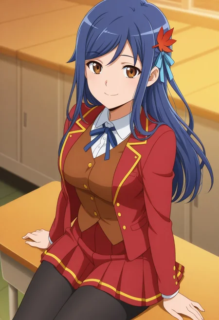 <lora:anime_screencap-IL v-pred:1> anime screencap, anime coloring, best quality, animated, shizuha, solo, long hair, blue hair, breasts, hair ornament, brown eyes, best quality, animated, Shirt, pantyhose, jacket, skirt, school uniform, ribbon, white shirt, red jacket, long sleeves, hair ribbon, pleated skirt, collared shirt, black pantyhose, red skirt, blazer, vest, open jacket, neck ribbon, mini skirt, open clothes, blue ribbon, red vest, brown vest, smile, classroom, looking at viewer, sitting