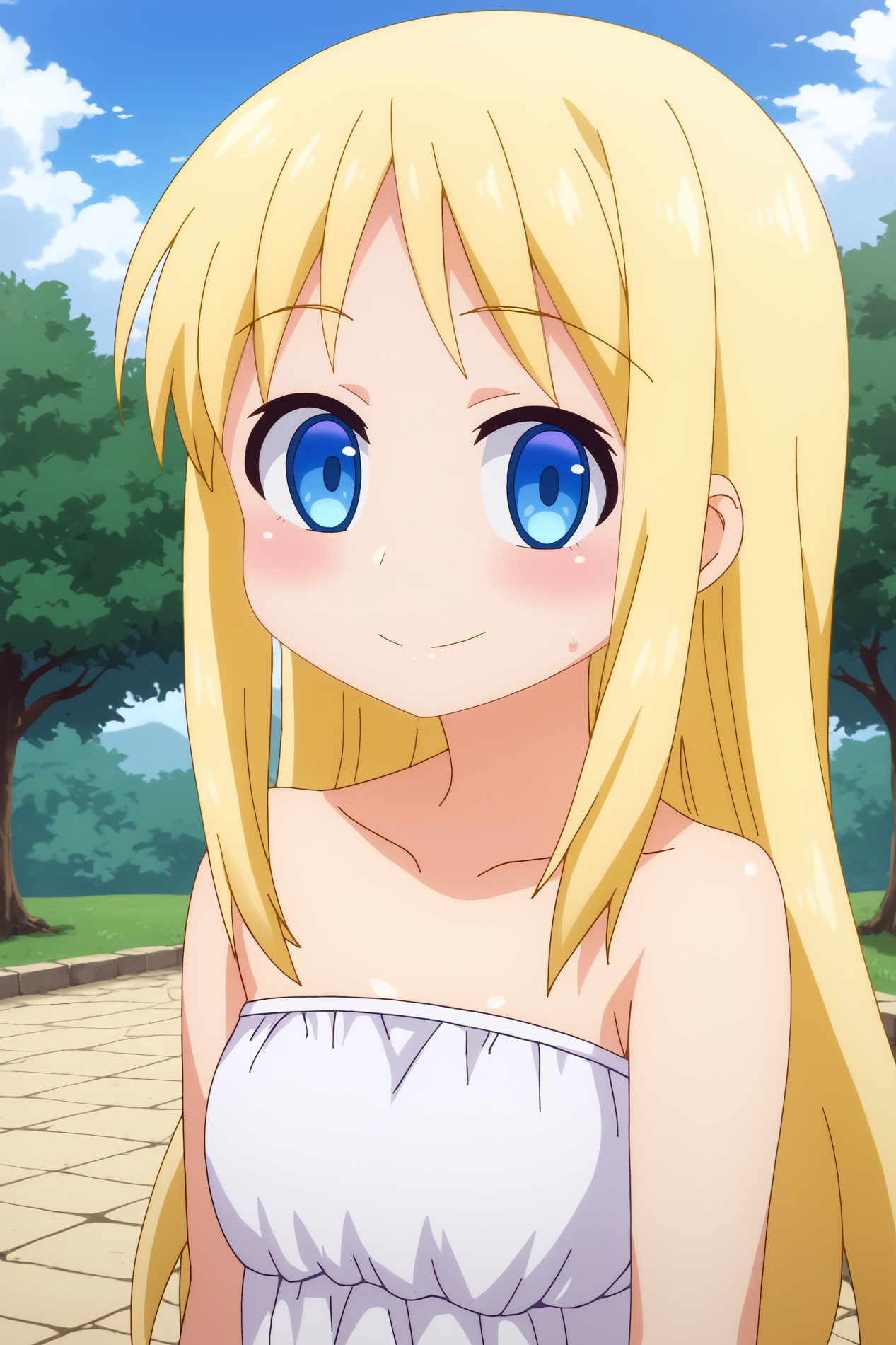Crimvael, solo, smile, anime coloring,  rating_safe, outdoors, looking_at_viewer <lora:Ishuzoku_Reviewers-Crimvael-PDXL:0.8>