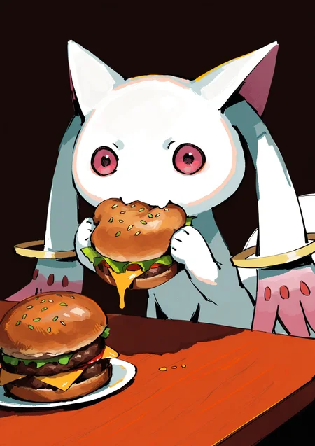 masterpiece, best quality, very aesthetic BREAK (ciloranko:.7), dino \(dinoartforame\), (nns \(sobchan\):.6), colorful, neon palette, horror \(theme\), gritty, faux traditional media, painting \(medium\) BREAK kyubey, table, burger, solo, creature focus, eating, no humans
<lora:scrubdealoct09-step00000165:.6><lora:scrubarakooct08-step00002112:.8>