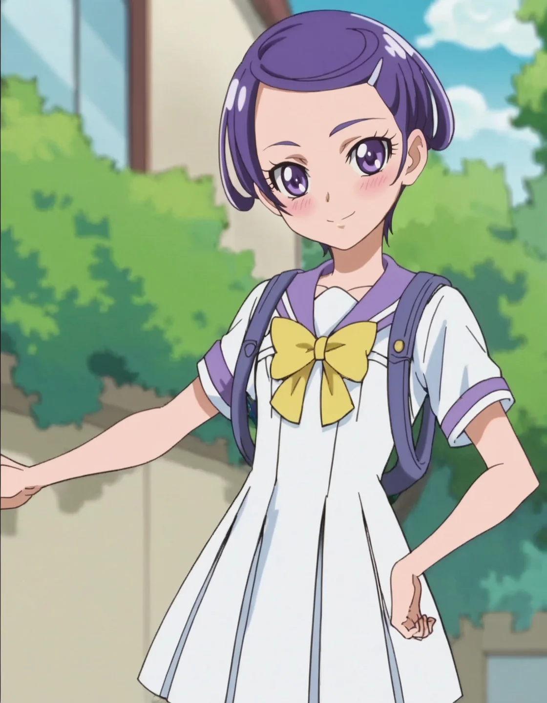 score_9, score_8_up, score_7_up, anime screencap, solo,1girl,kenzakimakoto , school uniform, sailor collar,white skirt, smile, hair ornament, hairclip, looking at viewer,cowboy shot ,small breasts,blush<lora:kenzakimakoto:0.8>
