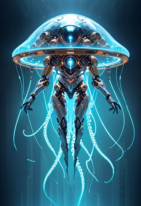 masterpiece, best quality, no humans,   ,<lora:TechJelly_IXL:0.7>,  TechJelly, translucent body, glowing blue tentacles, mechanical core, sleek metal fins, cybernetic implants, high-tech wires, neon-lit cityscape, floating pose, futuristic perspective, electric atmosphere â TechJelly drifts effortlessly through the neon-lit skies of a sprawling cyberpunk city. Its translucent body pulses with soft blue light, the glowing tentacles flowing like liquid electricity, illuminating the darkened alleys below. The sleek metal fins along its sides gleam under the cityâs vibrant lights, and its mechanical core hums with power. High-tech wires extend from its body, snaking through the air, conducting an electric charge. The atmosphere crackles with energy, as the creature moves with both elegance and precision, a perfect fusion of nature and technology. Its floating pose gives it an otherworldly grace, suspended in a world of constant motion.,