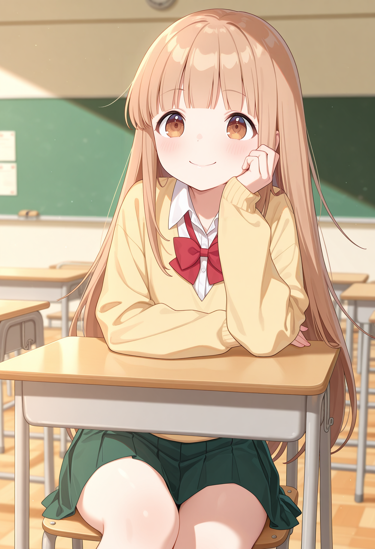 best quality, masterpiece, 1girl, aamiyano, long hair, brown hair, blunt bangs, brown eyes, school uniform, red bowtie, collared shirt, white shirt, yellow sweater, long sleeves, pleated skirt, green skirt, <lora:miyano_(tanakeda)_ilxl_v1:0.9>, arm rest, hand on own cheek, sitting, desk, smile, classroom, on chair,