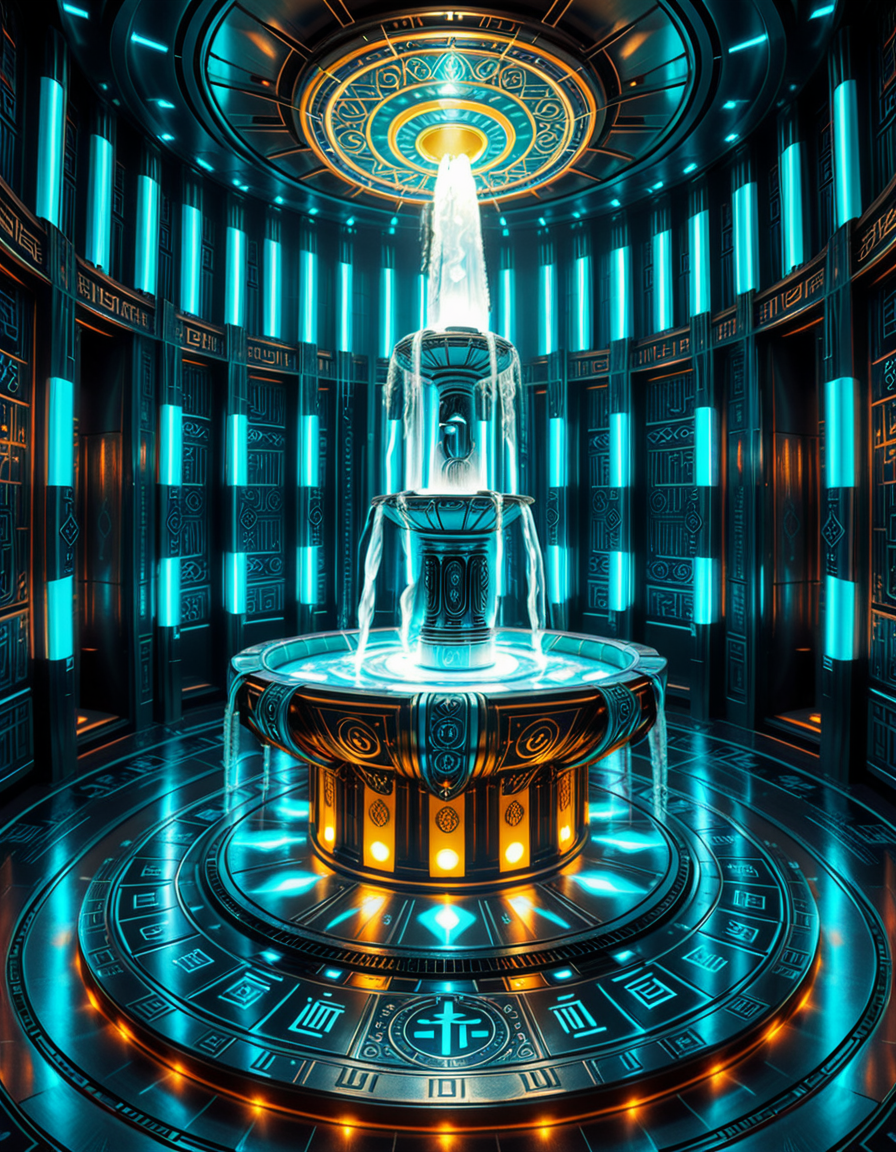 The center of a high-tech, alien temple-laboratory, where dark metallic walls shimmer under the glow of cyan vertical light tubes and faint sacred runes. In the middle of the chamber lies an elaborate biomechanical fountain, rising like an altar from a circular platform of engraved metal. The fountain pulses with iridescent liquid light, flowing in gravity-defying streams that spiral upward before cascading back into a glowing basin etched with ritual patterns. Bioluminescent veins run through the structure, illuminating the surrounding floor like circuitry. Overhead, a radiant, halo-like design casts a celestial glow, enhancing the surreal, sanctified atmosphere. The space exudes a fusion of sacred ceremony and alien technology, as if the fountain were a source of divine power worshipped by another world.
<lora:high-tech_alien_temple_f0unt41n:1>,high-tech alien temple f0unt41n,<lora:SDXLFaeTastic2400:0.4> <lora:extremely_detailed:0.4> extremely detailed, Masterpiece,best quality,hi res,8k,hi res,8k,award winning,(sharp focus, intricate, highly detailed),