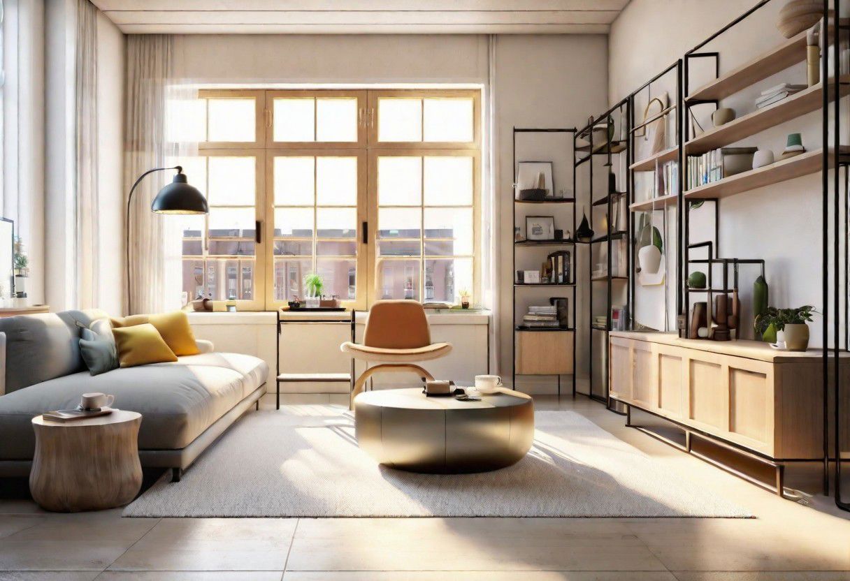 ((front view)), Shallow scene, ((animation style)), modern-style interior, with white walls, (large windows), Nordic-style furniture, a  study, Sofa, coffee table, bookcase, single wall, 
warm light morning sun, (the view of the city)