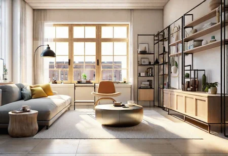 ((front view)), Shallow scene, ((animation style)), modern-style interior, with white walls, (large windows), Nordic-style furniture, a  study, Sofa, coffee table, bookcase, single wall, 
warm light morning sun, (the view of the city)