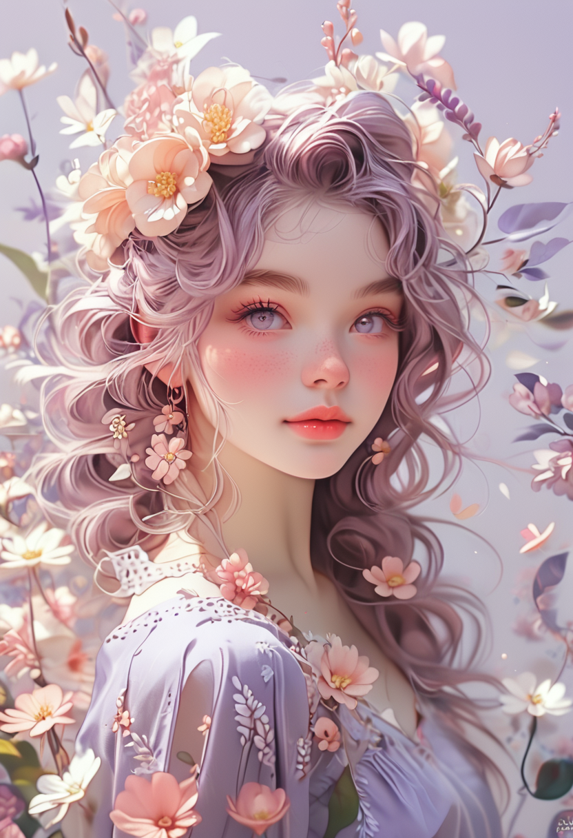 score_9, score_8, score_7 up, 1girl, young woman, beautiful eyes, small smile, fl0rald0lls, dynamic pose,light purple summer dress, flowers, leaf, pink flower, white flower, light pastel purple background<lora:Floral Dolls Pony Style:0.8><lora:EnvyPonyPrettyEyes01:0.7>