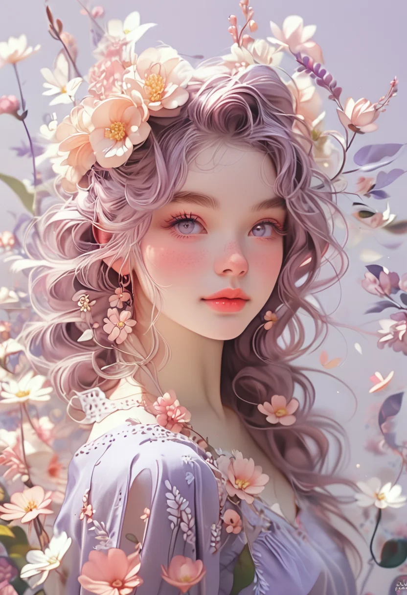 score_9, score_8, score_7 up, 1girl, young woman, beautiful eyes, small smile, fl0rald0lls, dynamic pose,light purple summer dress, flowers, leaf, pink flower, white flower, light pastel purple background<lora:Floral Dolls Pony Style:0.8><lora:EnvyPonyPrettyEyes01:0.7>