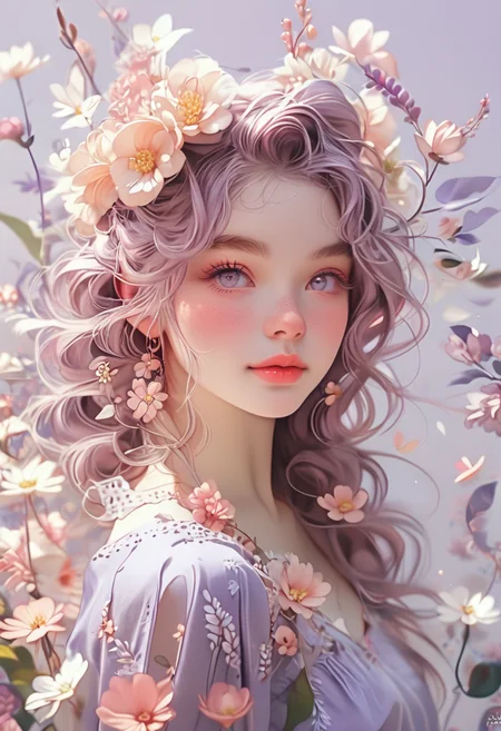 score_9, score_8, score_7 up, 1girl, young woman, beautiful eyes, small smile, fl0rald0lls, dynamic pose,light purple summer dress, flowers, leaf, pink flower, white flower, light pastel purple background<lora:Floral Dolls Pony Style:0.8><lora:EnvyPonyPrettyEyes01:0.7>