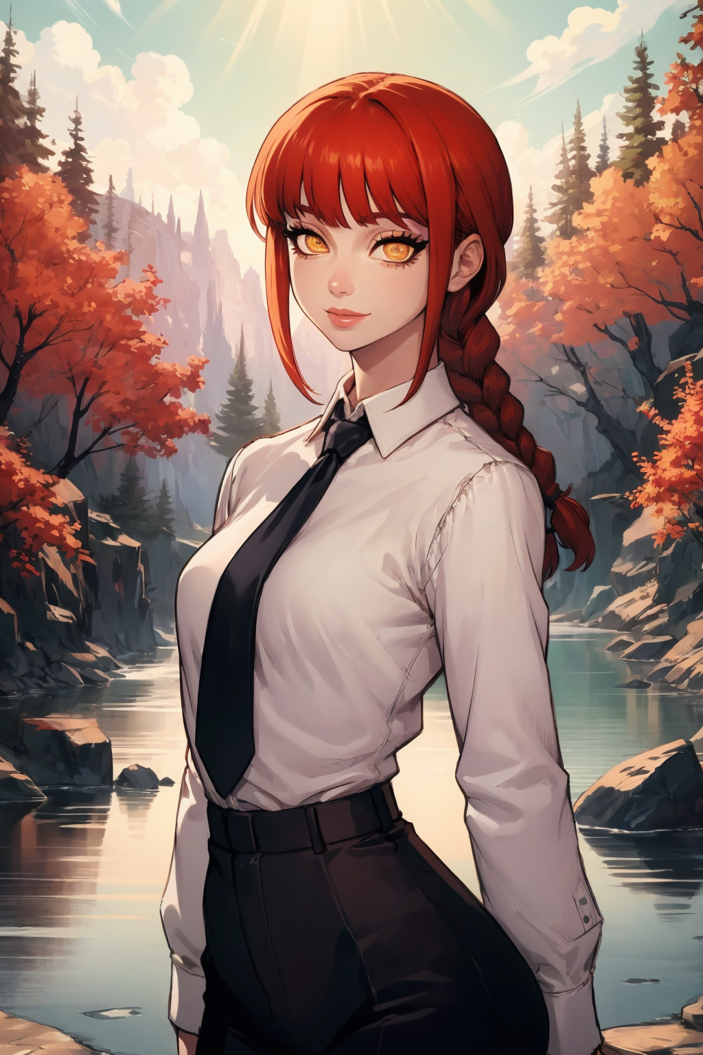 1girl, (solo:1.2), (looking at viewer:1.5), (upper body:1.5), (walking:1.2), (cowboy shot:1.5), (masterpiece:1.3), (best quality:1.3), (perfect anatomy:1.4), highly detailed, (secluded river scenery:1.2), (sunlight through trees:1.3), daylight,natural rock formations, nature,, <lora:Makima [nochekaiser881 - v1.0]:0.8> makima, long hair, smile, bangs, (yellow eyes:1.2), braid, red hair, braided ponytail, ringed eyes, shirt, long sleeves, white shirt, necktie, collared shirt, pants, black pants, formal, suit, black necktie, shirt tucked in, office lady, <lora:Fumio (rsqkr) [MockAi - v1.0]:0.9> fumio, sketchy lineart, exaggerated proportions, pastel tones, glossy, film grain