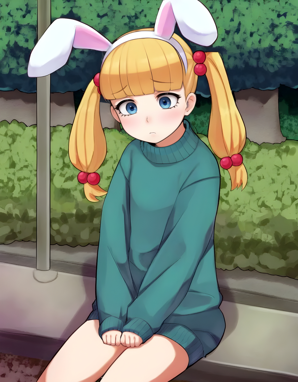 score_9, (fku:1.5) anime, 1girl, blunt_bangs, blonde_hair twintails, bunny_ears, sweater, locket, blue_eyes, hair_bobbles, sad cute, solo, sitting, outdoors, park
