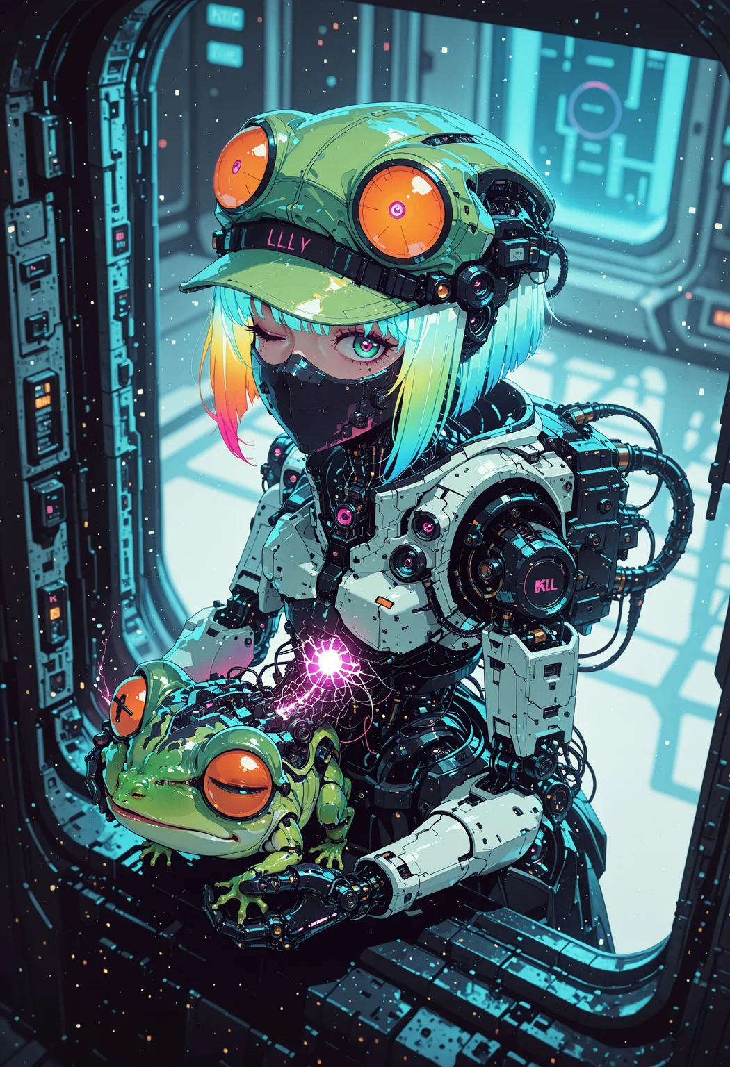<lora:ck-nc-cyberpunk-IL-000011:0.60>, masterpiece, best quality, good quality, very aesthetic, absurdres, newest, 8K, depth of field, focused subject, dynamic angle, side view, from above, action shot, wabi sabi android woman, rainbow hair, glowing hair, cute simplistic frog hat, gazing at the viewer, clean visible face, clean white rectangular ceramic material and mechanical parts, their face mask is open, one eye has mechanical enhancements, servos, wires, exposed circuits, skin, holding giant green lillypad, (futuristic fractal shaped artemis station in background, window view), Sci-fi anime movie (style by George Shaw),shallow depth of field, vignette, (Fujicolor Superia X-TRA 400) , (bioluminecent glow:0.8),
in the style of cknc,
<lora:MoriiMee_Gothic_Niji_Style_Illustrious_r1:0.5>
<lora:ck-neon-retrowave-IL:0.85>
<lora:ck-shadow-circuit-IL:0.35>
