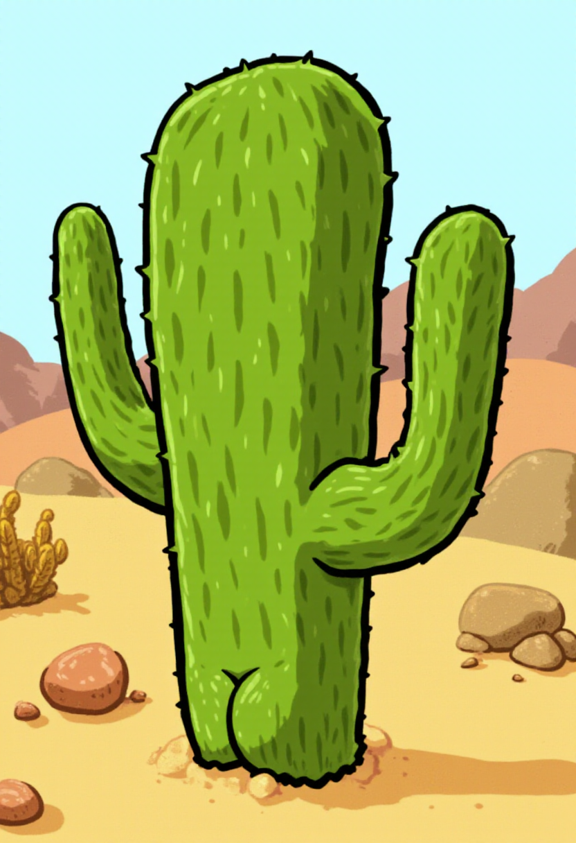 <lora:Butt_Stuff_FLUX-000018:1> 
Cartoon illustration of a cactus shaped like a human buttocks, with exaggerated proportions, in a sandy desert. Desert background.