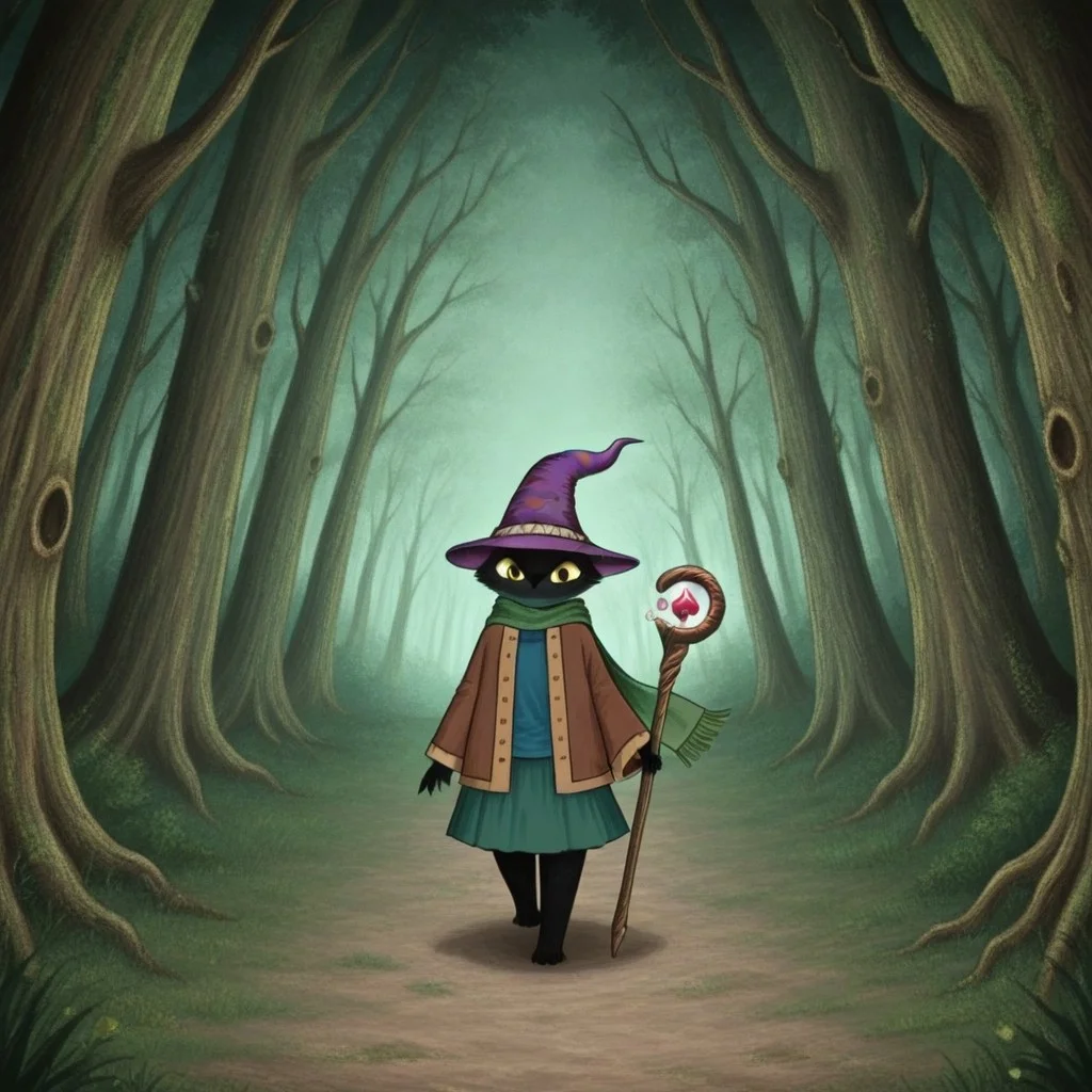 1girl,black fur,yellow eyes,purple pointed hat,brown jacket,green scarf,blue shirt and skirt,Numinosa
numinous walking in the forest with a magic staff