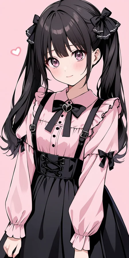 (masterpiece,ultra-detailed,best quality,8K,illustration:1),(cute face,clean skin ,shiny hair,girl,ultra-detailed-eyes:1.1),simple background, <lora:add-detail-xl:1>, <lora:jirai kei_XL_V1.0:1> jirai kei, black hair, bow, twintails, bag,pink shirt,black skirt,hair ribbon,heart
