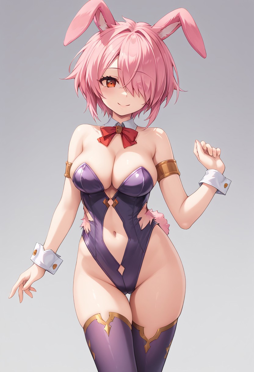 score_9, score_8_up, score_7_up,masterpiece, best quality, absurdres, extremely detailed,2d,source anime,1girl,pink hair,red eyes,purple suit,thighhighs,cleavage,short hair,hair over one eye, rabbit girl,rabbit ears,smile,jumping,cowboy shot