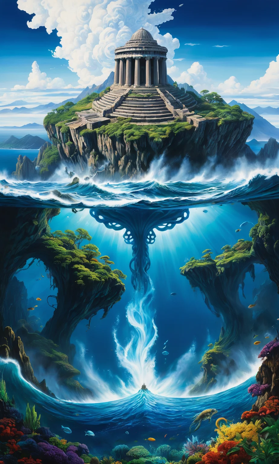 A surreal hyperrealistic painting of an upside-down world with a gigantic kraken in the sea and distant mountains, highly detailed oil on canvas. A large wave breaking apart at it's center through them who looks like toadstool underwater is visible about to be seen from above by Studio Ghibli. The massive giant greek temple glade that illumin <lora:Details:0.85>