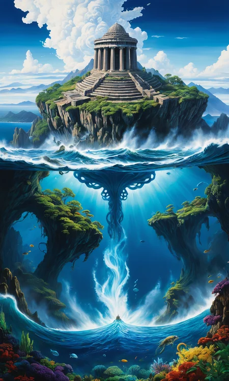 A surreal hyperrealistic painting of an upside-down world with a gigantic kraken in the sea and distant mountains, highly detailed oil on canvas. A large wave breaking apart at it's center through them who looks like toadstool underwater is visible about to be seen from above by Studio Ghibli. The massive giant greek temple glade that illumin <lora:Details:0.85>
