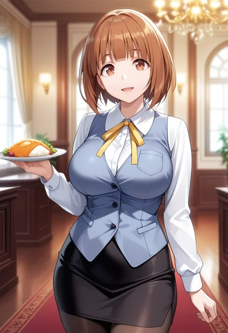 masterpiece, best quality, amazing quality,arino yayoi, brown eyes, brown hair, short hair, mature female, 1girl, breasts,solo, large breasts,white shirt,blue vest,black skirt,pantyhose,yellow ribbon,open mouth, light smile, holding plate, arm at side, standing, looking at viewer, cowboy shot,indoors, curtains, chandelier, blurry background <lora:arino yayoiV1:1>