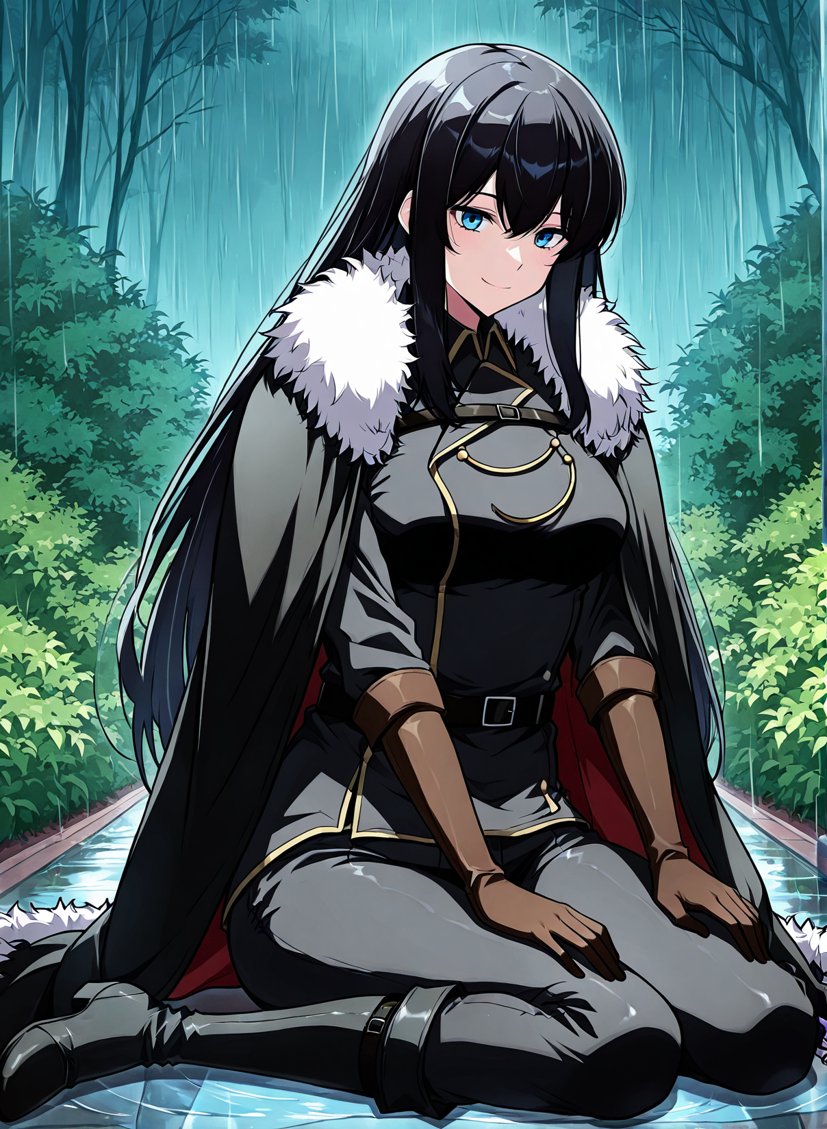 <lora:Karina_Dragonia__The_Knight_King_Who_Returned_with_a_God__Illustrious:1>
1 girl, solo, blue eyes, long hair, black hair, loose hair, hair between the eyes, bangs, sidelocks,
black jacket, black uniform, black gloves, uniform, black cape, black shoes, black pants, jacket, elbow gloves, belt, brown gloves, fur-trimmed cape, high boot
score_9, score_8_up, score_7_up, very aesthetic, source_anime, detailed, high quality, beautiful, detailed eyes, masterpiece, best quality, absurdres, perfect anatomy, 1girl, solo, wariza, sitting, hands on own knees, garden background, charming smile, rain