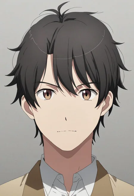 Highres, Masterpiece, High Quality, 4K, 8K, solo, 1Boy, Soujirou Agata, brown eyes, black hair, Shirt, passport_photo_style, looking at viewer, angry, smile, focused gaze forward, plain background, straight body, head upright, easynegative, detailed_eye_model