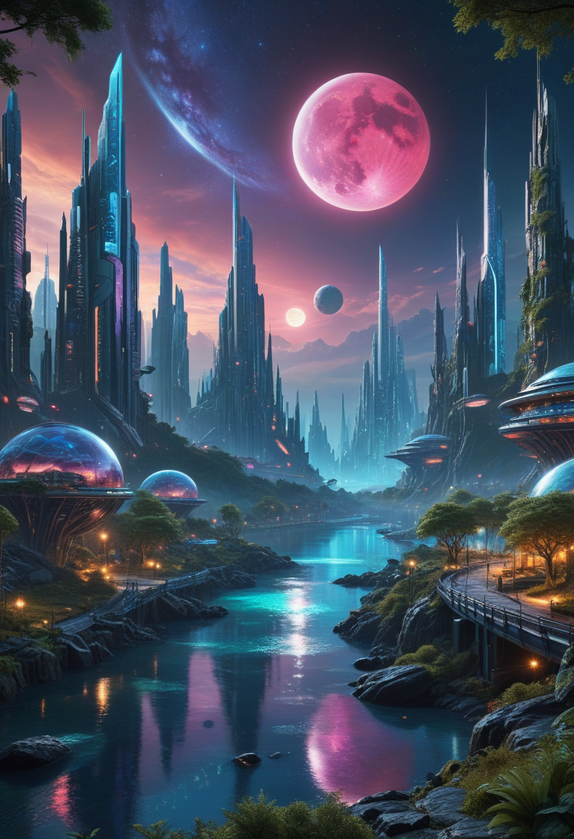 a very detailed ilustration of a futuristic fantasy city with a crystal clear river and trees in the fore, night forest background, alien breathtaking landscape, detailed, futuristic inhabited exoplanet, dream landscape, vivid colors, beautiful, bright moon, sharp focus, milky way sky, 8k, HDR, masterpiece, high texture resolution, highly detailed realistic city scenery, cyberpunk style, ultimate quality, intricate details, cinematic effects, sci-fi setting
