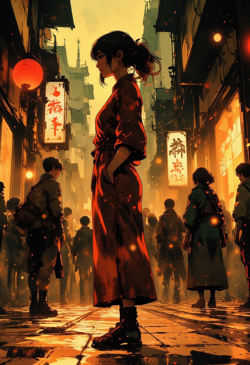 in the style of ck-mgs, nistyle, Special Ink-drawing mode, intricate linework with expressive contrasts, Mh1$AgThS2, Inkplash art on rice paper, sepia, henna , Silhouette Art, magnificent, inksplash image of stunning japanese woman in a red dress, standing on a busy Japanese shopping street, turning to the look at the viewer, abstract background of a crowd of shoppers dressed in dark colours, timelapse photographs, motion blur on the crowd