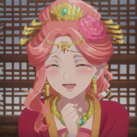 Masterpiece, real anime style, good quality, excellent quality, better quality, good resolution, excellent resolution, better resolution, good details, great details, high details, excellent details, excellent lighting, excellent shadows, excellent reflections, shaders, Gyokuyou, pink hair, jade eyes, beautiful face, perfect face, perfect face, pretty face, perfect anatomy, beautiful eyes, necklace, maroon kimono, earrings, hair ornaments, hair accessories, focus on the face, face focus, detailed background, ancient Chinese background, illuminated background