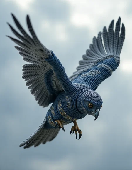 Depict a falcon in mid-flight, adorned with ral-kntarmr made of intricately crocheted fabric in shades of slate gray and navy blue. The armor fits snugly over its wings and torso, with small, decorative gold embellishments. The falcon soars through a cloudy sky, its armor glinting faintly in the sunlight, blending elegance with power
<lora:ral-kntarmr-flux:1>