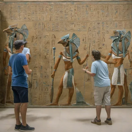 tourists visiting the Cairo museum seeing an Egyptian tomb mural of a <lora:stargateHorus-SDXL:1.0> stargateHorus