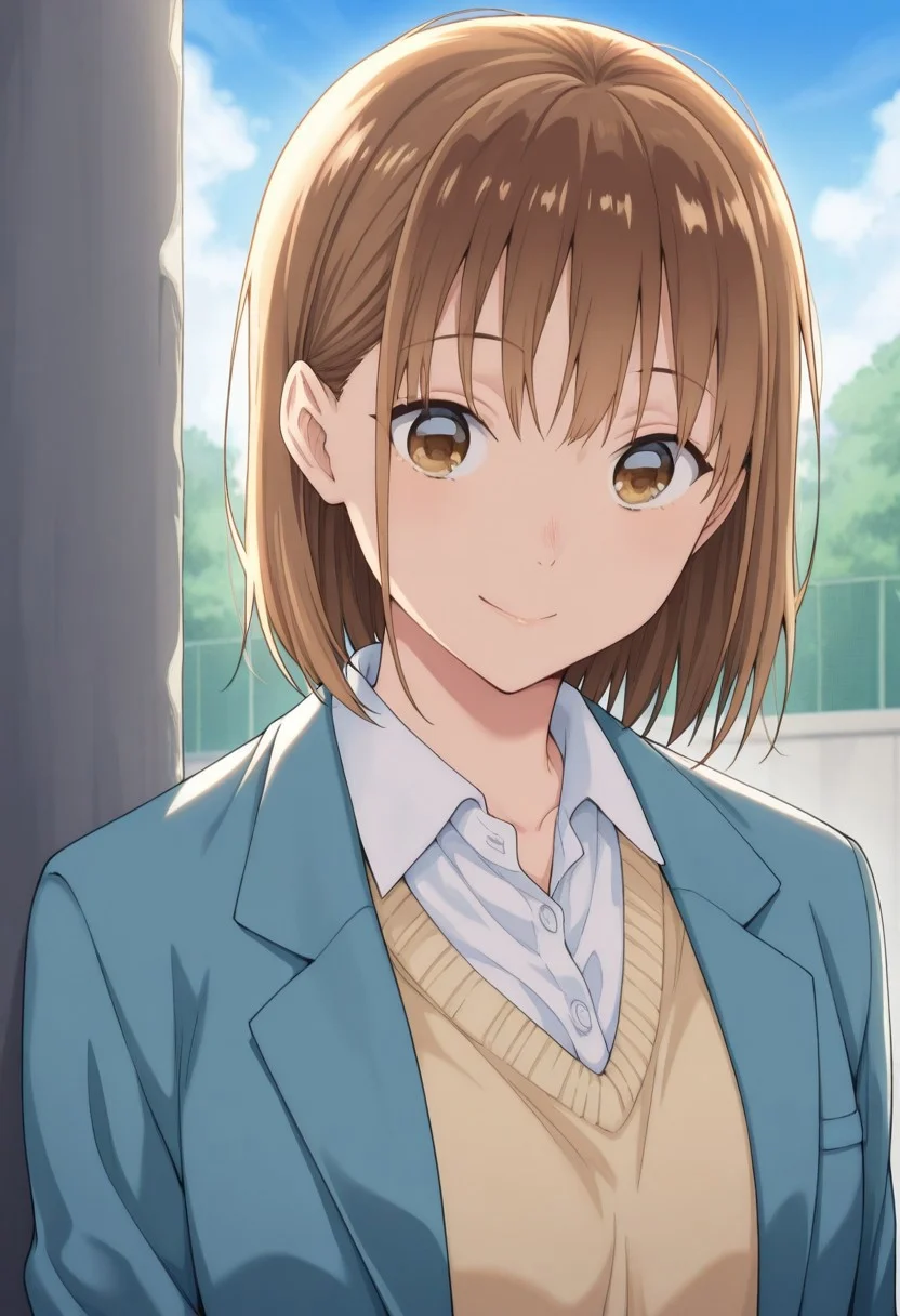masterpiece,best quality,amazing quality,
chinatsu, 1girl, solo, brown eyes, brown hair, bangs, school uniform, shirt, white shirt, collared shirt, cardigan, jacket, blazer, blue jacket, long sleeves, open jacket, open clothes, smile, outdoor, sky, day,