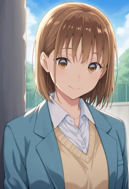masterpiece,best quality,amazing quality,
chinatsu, 1girl, solo, brown eyes, brown hair, bangs, school uniform, shirt, white shirt, collared shirt, cardigan, jacket, blazer, blue jacket, long sleeves, open jacket, open clothes, smile, outdoor, sky, day,