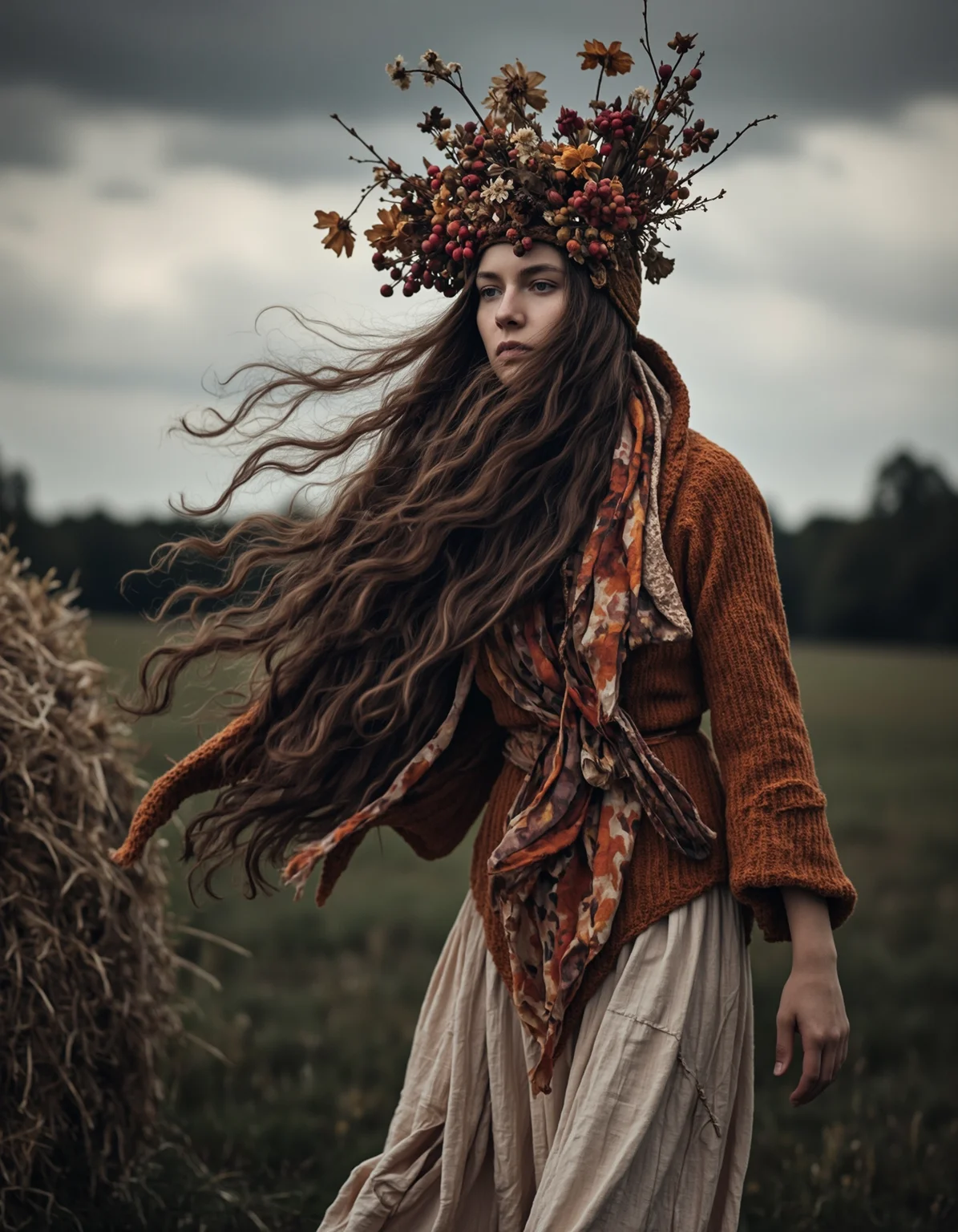 Photorealistic portrait in a fashion editorial style, featuring a female figure in a pastoral setting. She wears an elaborate headdress adorned with dried flowers and berries, and her long hair flows freely in the wind. Her attire includes an earthy-toned outfit with a textured, knitted overlay in rich shades of orange and brown, paired with a beige flowing skirt. The background showcases a blurred hay bale and distant trees under a dramatic, moody sky, contributing to a mysterious and ethereal atmosphere. The soft lighting enhances the deep shadows and subtle highlights on the figure.