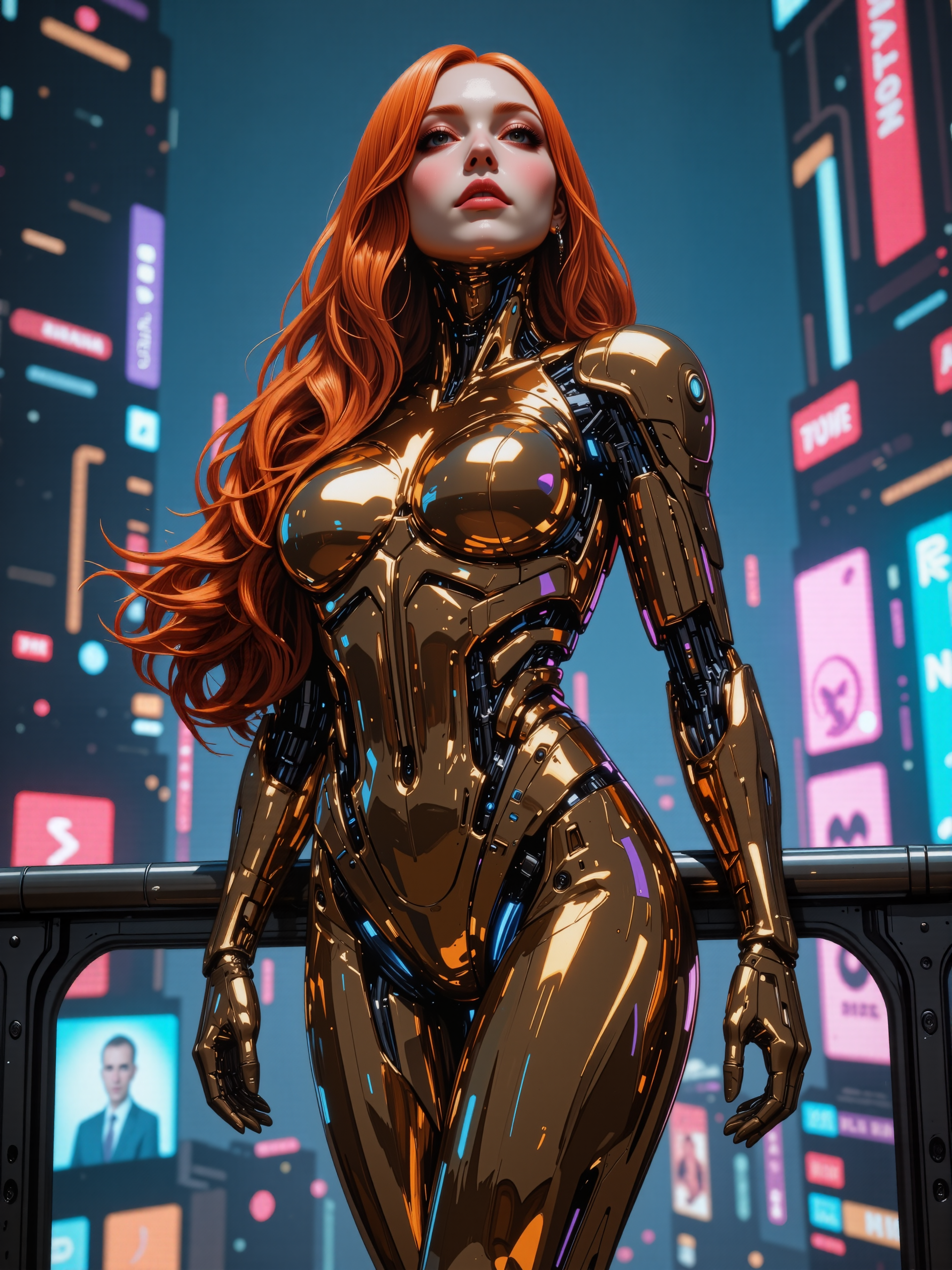 a highly detailed digital painting capturing a futuristic female android, her luxurious chrome body polished to a mirror-like sheen, with intricate mechanical joints and glowing blue accents on her chest, shoulders, and hips, her design is a seamless blend of elegance and advanced technology, her long, striking red hair flows like silk, providing a bold, organic contrast to her metallic form, the hair is richly textured, with strands catching subtle reflections of light, her curvy, hourglass physique is gracefully posed in a confident yet introspective stance, her expression carries a melancholic allure, with deep-set, expressive eyes that suggest a hint of humanity amidst her synthetic nature, the background is an expansive futuristic cityscape shrouded in a twilight glow, with towering neon-lit skyscrapers and faint holographic advertisements casting soft, colorful reflections onto her body, the shot type is a medium close-up, centered on the android with a slight upward angle, her glowing accents draw the viewer's eye while the cityscape provides depth and context, dramatic rim lighting highlights the contours of her metallic skin, with soft ambient illumination from the glowing city around her, faint reflections of neon hues shimmer across her body, enhancing her futuristic aesthetic, filming specifications: digitally rendered with hyper-realistic detail, every surface is meticulously textured, the chrome reflecting the environment in subtle distortions, the glowing blue accents softly pulse, adding an ethereal, lifelike quality, the composition balances the sleek precision of science fiction with the emotional depth of portraiture. in the style of cksc, <lora:style-neurocore_anime_shadow_circuit-flux-by_chronoknight:0.6> 
<lora:epic_gorgeous_details-balance-flux-by_flyway:0.64>