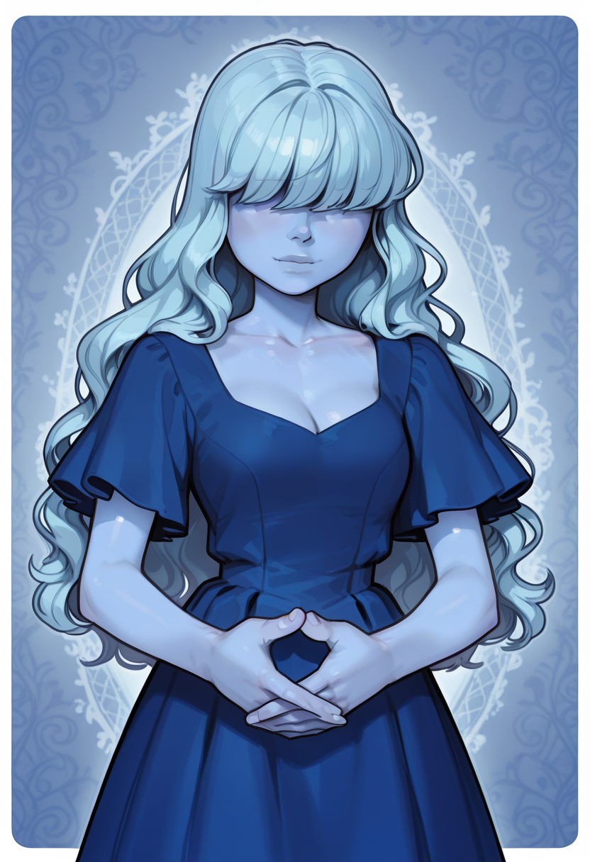 <lora:Sapphire_SU:1>, <lora:IncaseIXL:1>, sapphire, blue dress, large hair, wavy hair, hair bangs over eyes, blue color skin, wallpaper, very aesthetic, perfect hands
