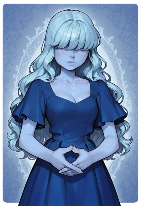 <lora:Sapphire_SU:1>, <lora:IncaseIXL:1>, sapphire, blue dress, large hair, wavy hair, hair bangs over eyes, blue color skin, wallpaper, very aesthetic, perfect hands