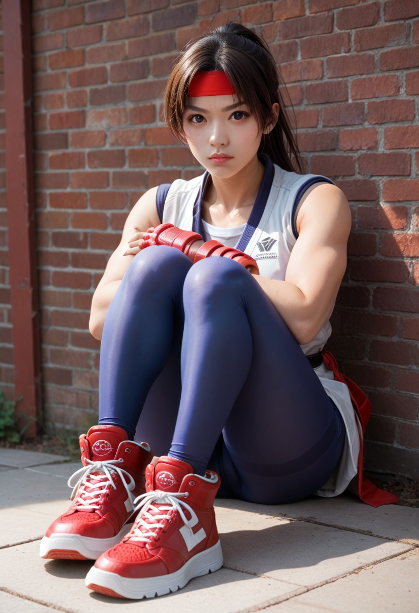 ,score_9, score_8_up, score_7_up, best quality, masterpiece, rating_explicit, BREAK, looking at viewer, 
Yurisakaz, 1girl, serious expression, face focus, black eyes, brown hair, ponytail, long hair, headband, white dougi, blue spandex, black belt, fingerless gloves, sleeveless, red sneakers,
