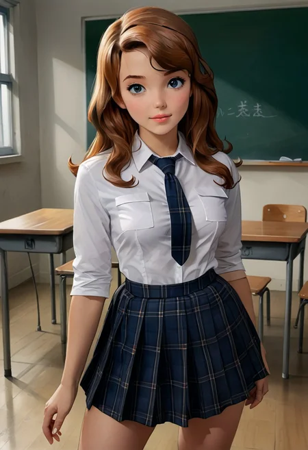 18 years old,medium breasts, at classroom,high quality, 8k,best quality, HD, sexy pose, 1girl, long hair, brown hair, blue eyes, sofia_the_first , looking viewer,hud_schgrl, white collared shirt, necktie, plaid pleated skirt, stilleto heels, huge cleavage