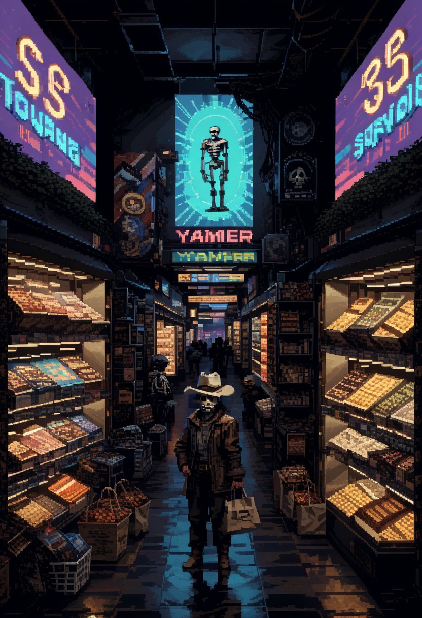 score_9, score_8_up, score_7_up, yamer_pixel_fusion, pixel art, skeleton, cowboy hat, skeleton in a cowboy hat, carrying shopping bags, storefront, mall, 1989s, retrowave, hyper-detailed, neon, lofi, d3p1x3l, pixel art