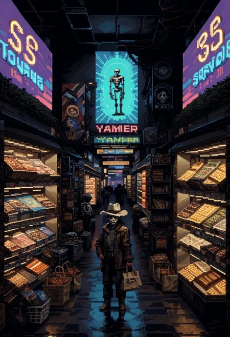 score_9, score_8_up, score_7_up, yamer_pixel_fusion, pixel art, skeleton, cowboy hat, skeleton in a cowboy hat, carrying shopping bags, storefront, mall, 1989s, retrowave, hyper-detailed, neon, lofi, d3p1x3l, pixel art