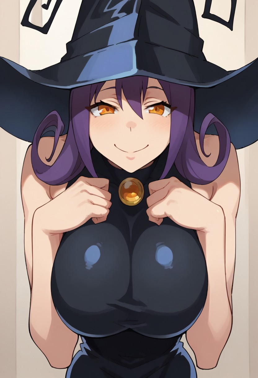 score _9, score_8_up, score_7_up, 1 girl, source_anime, solo, extremely detailed, indoors,
Bl4irSE, purple hair, orange eyes, black hat, black dress, bare shoulders, black gloves, black boots, juggz,
(smiling, naughty face, head tilted), cute face, skinny, hourglass body, thin waist, huge breasts, looking at viewer, leaning forward