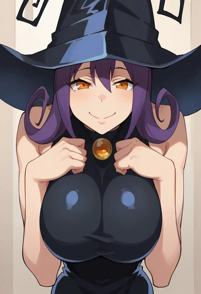 score _9, score_8_up, score_7_up, 1 girl, source_anime, solo, extremely detailed, indoors,
Bl4irSE, purple hair, orange eyes, black hat, black dress, bare shoulders, black gloves, black boots, juggz,
(smiling, naughty face, head tilted), cute face, skinny, hourglass body, thin waist, huge breasts, looking at viewer, leaning forward