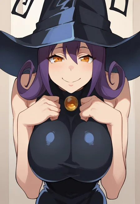 score _9, score_8_up, score_7_up, 1 girl, source_anime, solo, extremely detailed, indoors,
Bl4irSE, purple hair, orange eyes, black hat, black dress, bare shoulders, black gloves, black boots, juggz,
(smiling, naughty face, head tilted), cute face, skinny, hourglass body, thin waist, huge breasts, looking at viewer, leaning forward