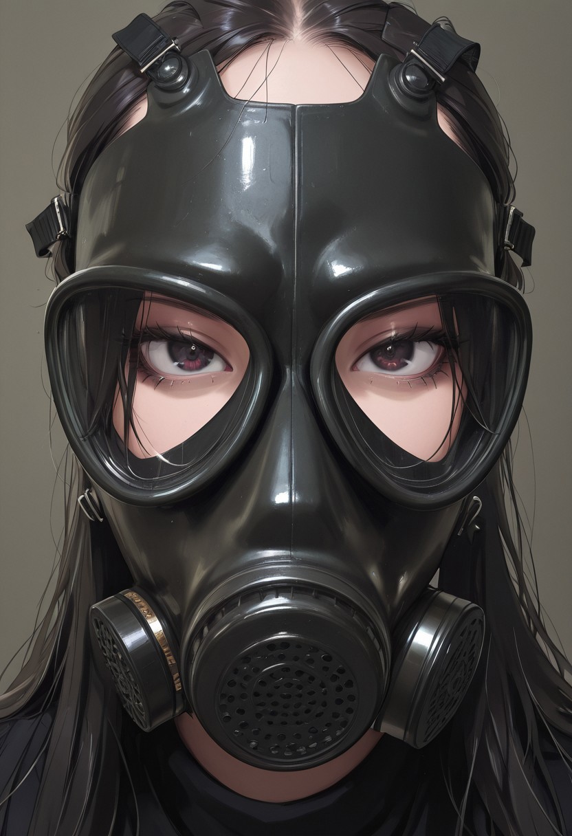 masterpiece, 4k, 1girl, goth, bangs, gasmask over head, close up