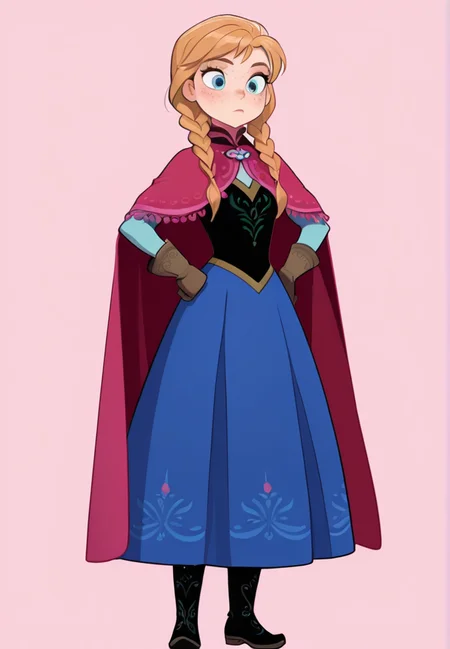 masterpiece, best quality, amazing quality, very aesthetic, absurdres, newest, simple background, cowboy shot,
ana, 1girl, solo, braid, twin braids, hands on hips, freckles, cape, boots, blue eyes, gloves, blonde hair, dress, full body, makeup, hair over shoulder
<lora:Ana_-_Disney_Illustrious:1>