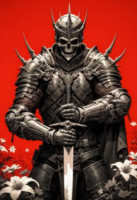 (score_9, score_8_up), score_7_up, zPDXL, solo, 1boy, holding, monochrome, weapon, red background, flower, flowly cape, male focus, sword, holding weapon, armor, holding sword, helmet, shoulder armor, gauntlets, spot color, pauldrons, skull, planted, full armor, planted sword, helm,<lora:GRIM_v1:0.9>