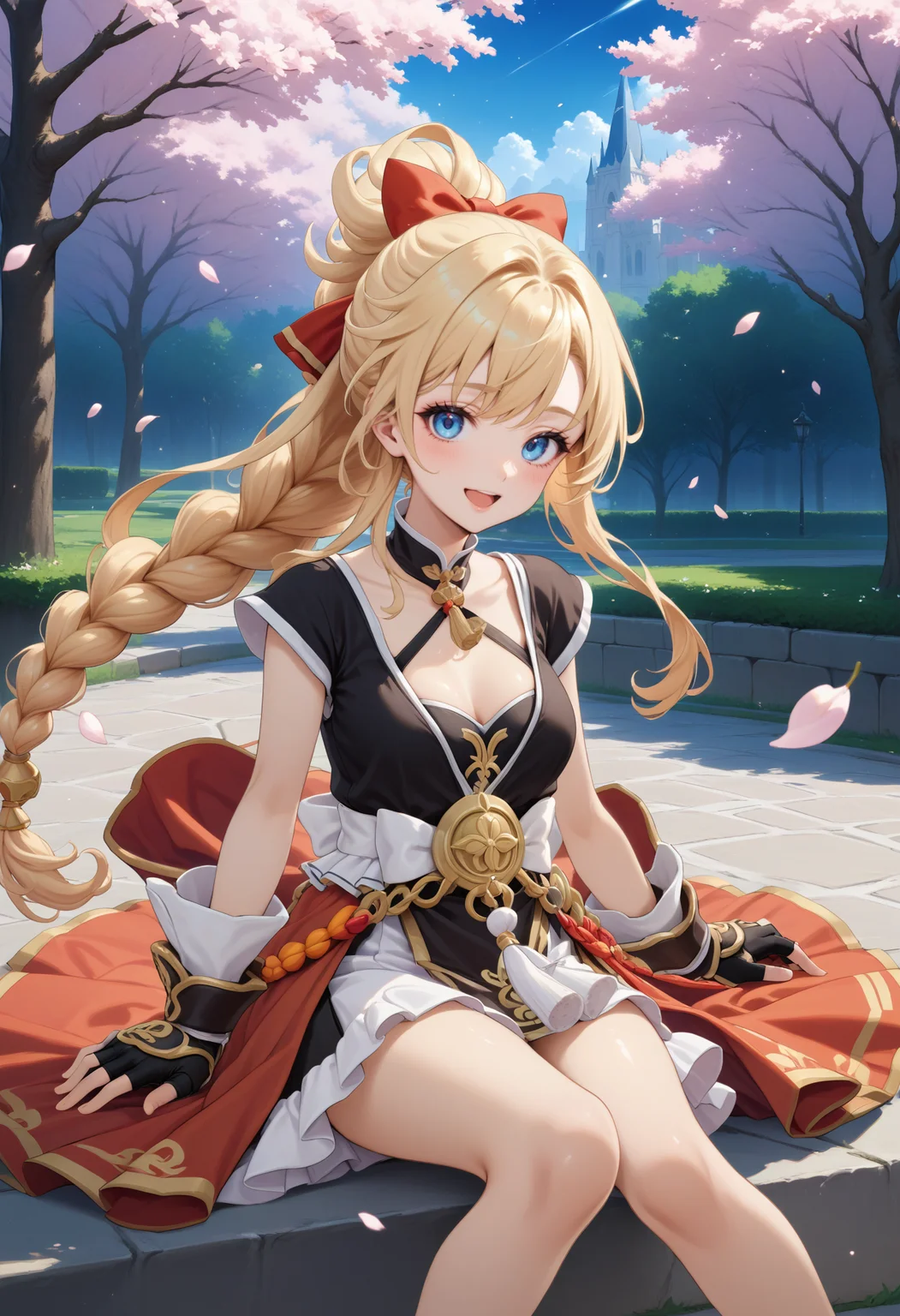 masterpiece, best quality, very aesthetic, absurdres, rom_sarah_xl,
1girl, blonde hair, braid, hair bow, blue eyes, smile, open mouth, fingerless gloves,
sitting,
outdoors, cherry blossoms, (wind, falling petals, light particles:1.4), light rays, tyndall effect, vivid colors, tranquil and magical atmosphere,
shiny skin, beautiful face, beautiful eyes, extreme detailed, official art, professional illustration, hires,
<lora:rom_sarah_xl:1>, <lora:aesthetic_anime_v1s:0.5>, <lora:add_details_xl:0.5>